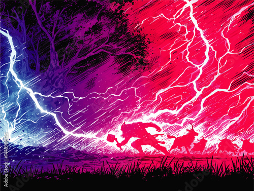 Epic Viking Warrior and Goats Silhouette in Thunderstorm, Lightning Fantasy Scene in Vibrant Pink Blue Colors, Comic Art Illustration
