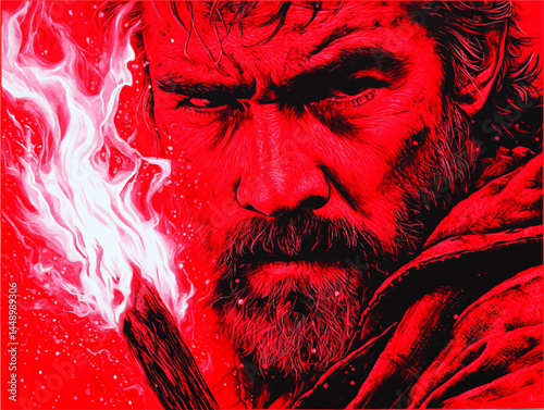Intense Bearded Man Holding Burning Torch in Red Artistic Illustration – Gritty Heroic Portrait with Fiery Effect