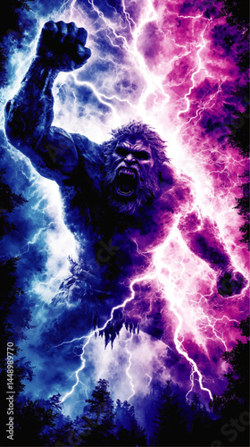 Epic Thunderous Monster Roaring in Neon Lightning Storm – Blue and Purple Forest Night, Surreal Digital Art Illustration
