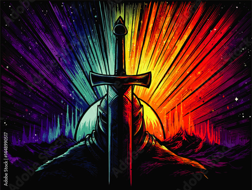 Epic Knight Silhouette with Sword Against Vibrant Cosmic Sunset, Fantasy Digital Art with Neon Colors and Starry Sky Background