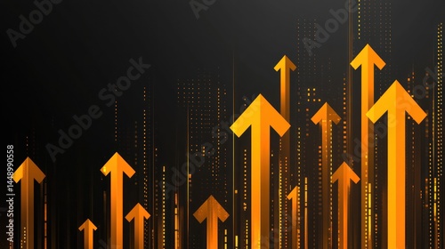 Abstract graphic with numerous upward trending arrows, suggesting growth and progress.  A dark background, a stylized cityscape, and glowing orange arrows