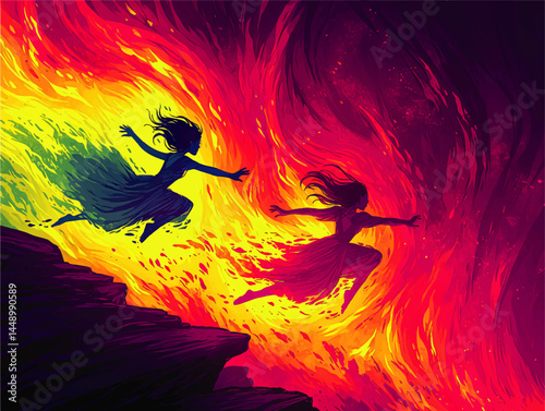Two Women Leaping Over Fiery Abyss – Vibrant Fantasy Illustration with Dynamic Flames and Dramatic Colors