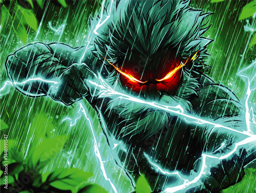 Fierce Anime Warrior with Glowing Red Eyes and Lightning Sword Battling in Rainforest – Dynamic Green and Blue Digital Art Illustration