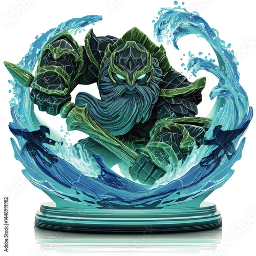 Powerful Water Elemental Warrior with Glowing Eyes and Armor Summoning Ocean Waves – Fantasy Art Character Illustration