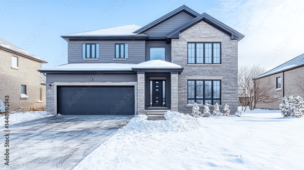 Modern two story house with gray siding and stone facade in winter season Modern two story house with gray siding and stone facade in winter season