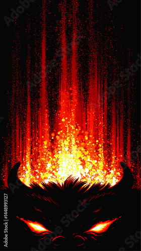 Fiery Demon Face with Glowing Eyes, Horns, and Abstract Volcanic Lava Explosion on Dark Background – Fantasy Evil Creature Art
