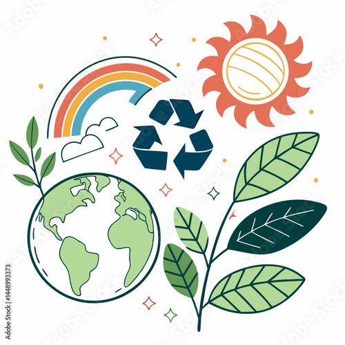 Ecology Green Planet Concept With Rainbow And Recycle Symbol