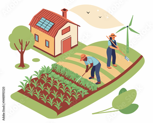 Sustainable Farming With Renewable Energy And Community Garden Concept Vector Illustration
