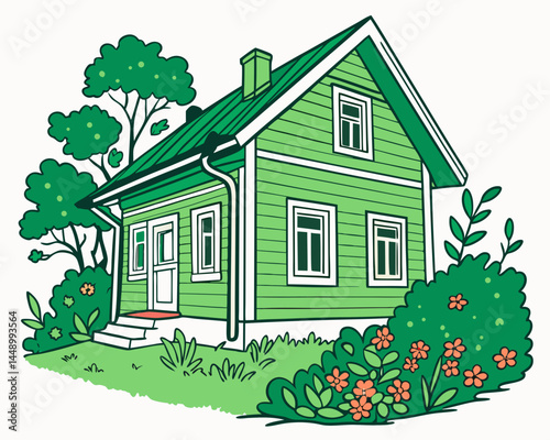 Green Wooden House With Trees And Flowers Cartoon Illustration