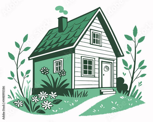 Charming Cottage Vector Illustration Green Hues Whimsical Design For Creative Projects