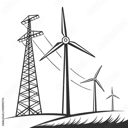Wind Turbines With Power Lines Vector Illustration For Renewable Energy Concept