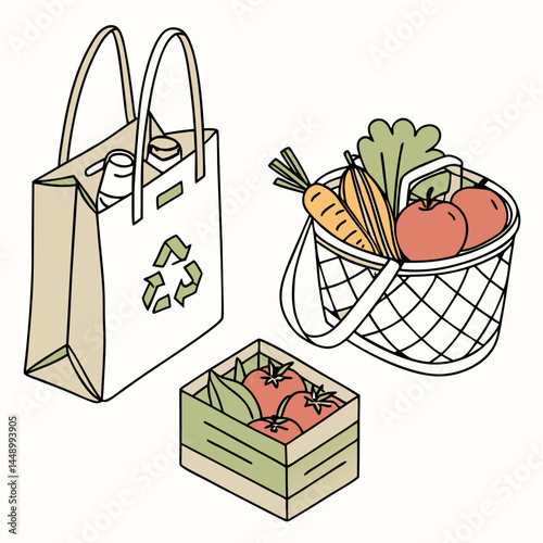 Fresh Produce In Reusable Shopping Bag Basket And Crate Illustration