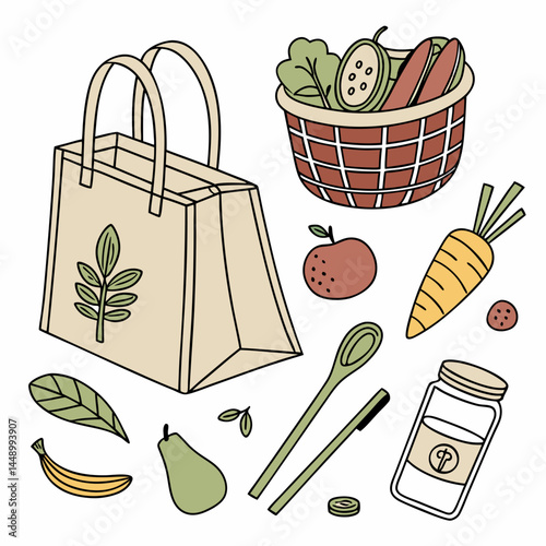 Eco Friendly Products In The Basket And Reusable Bag Vector Illustration