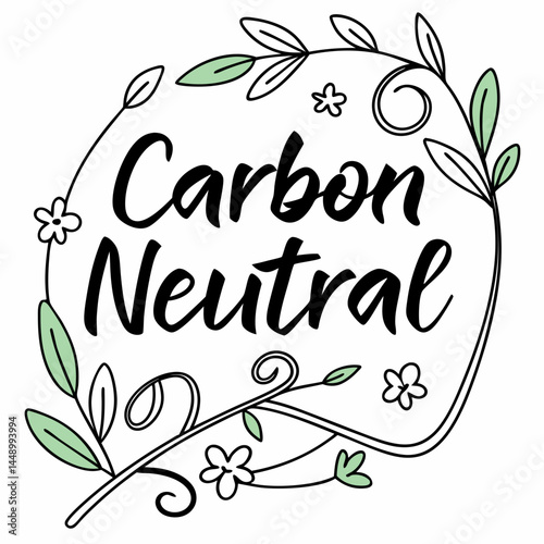 Carbon Neutral Lettering With Green Leaves And Flowers Decoration Vector Illustration