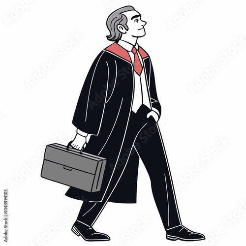 Confident Attorney Walking Holding Briefcase Wearing Gown And Tie Illustration Art