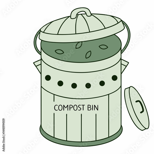 Illustrated Light Green Compost Bin With Open Lid Ecological Concept