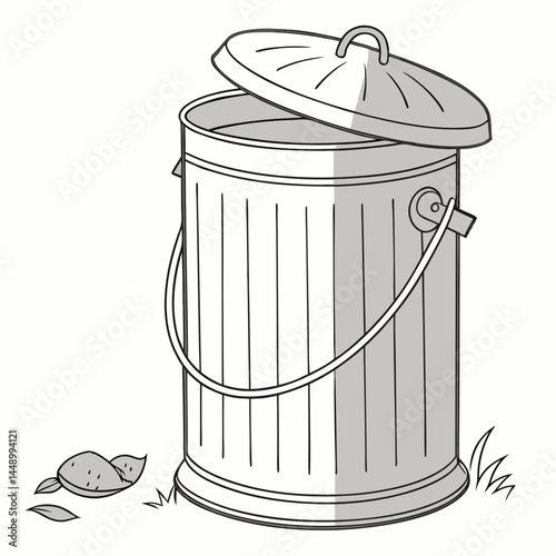 Open Metal Trash Can With Lid And Leaves On Ground Illustration