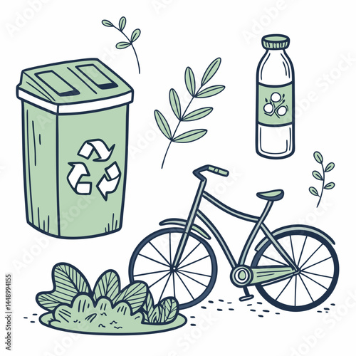 Environmentally Friendly Lifestyle With A Bike Recycle Bin And Reusable Bottle