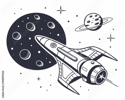 Retro Rocket Flying Through Space Near Planets Stars And Asteroids