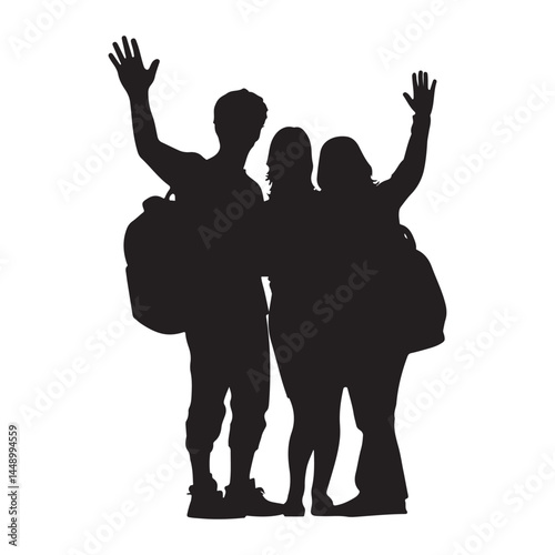 Silhouette of traveling group waving goodbye with backpacks for travel blog and design projects