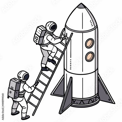 Astronauts Climbing Rocket Launch Preparation Space Exploration Adventure Illustration