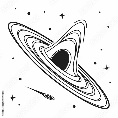 Black Hole Silhouette With Space Elements Black And White Galaxy Art
