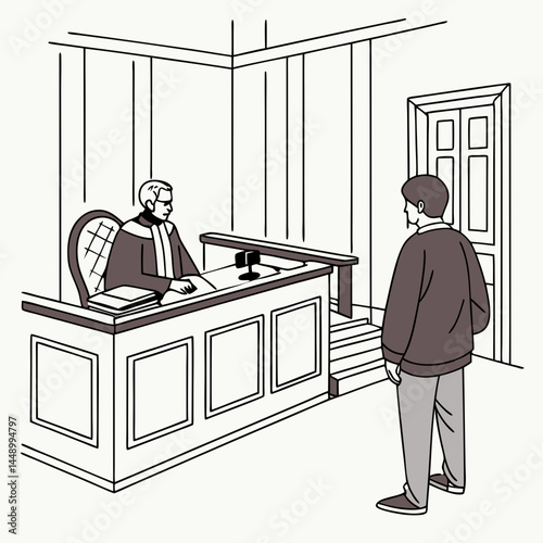 Line Art Illustration Of A Courtroom Scene With Judge And Defendant