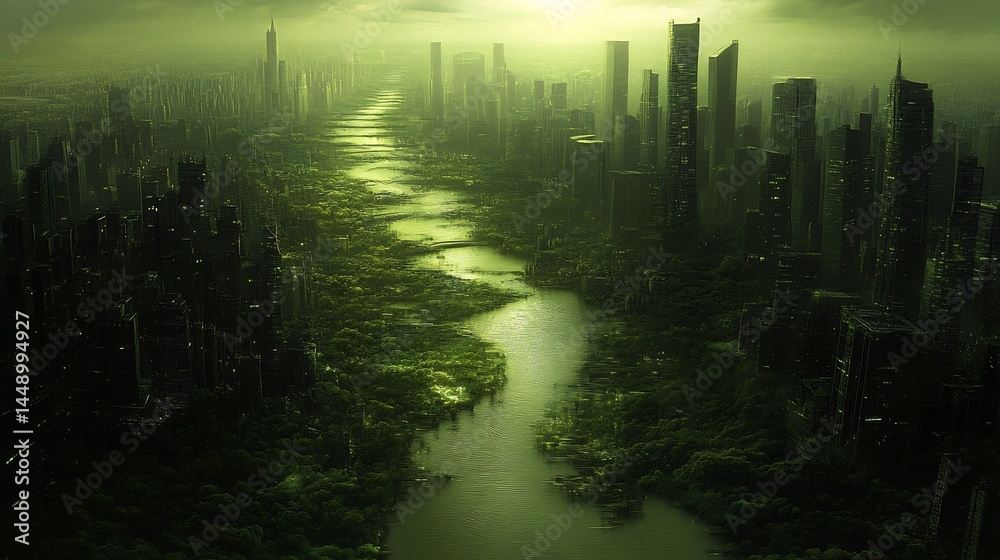 Obraz premium Urban fusion nature illustration of city silhouettes dissolving into vibrant digital forests symbolizing convergence of technology and nature