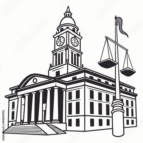 Courthouse With Scales Of Justice Law And Government Building Illustration