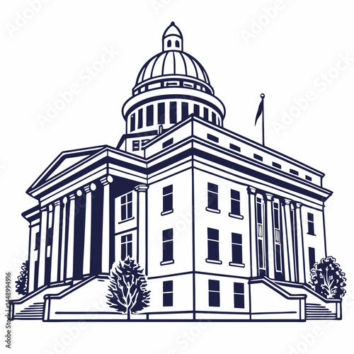 Architectural Vector Illustration Of State Capitol Building With Dome And Flag