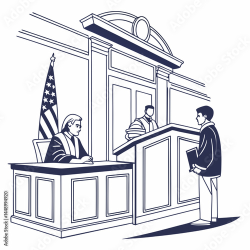 Courtroom Scene With Judge Witness Stand And Defendant Monochrome Line Art