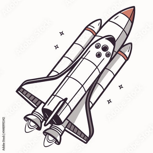 Cartoon Space Shuttle Illustration With Stars In Retro Style Flight