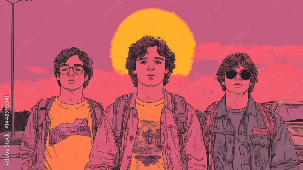 the image features three young individuals standing side by side against a stylized background. each person wears a unique shirt and outer layer, with backpacks slung over their shoulders the image features three young individuals standing side by side against a stylized background. each person wears a unique shirt and outer layer, with backpacks slung over their shoulders