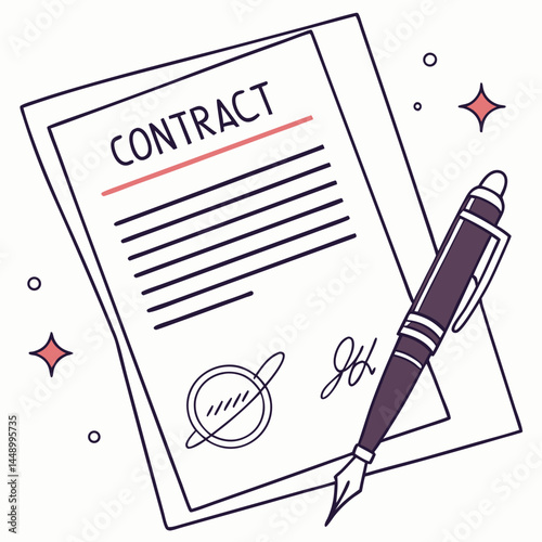 Contract Document With Signature And Seal And Pen Isolated On White