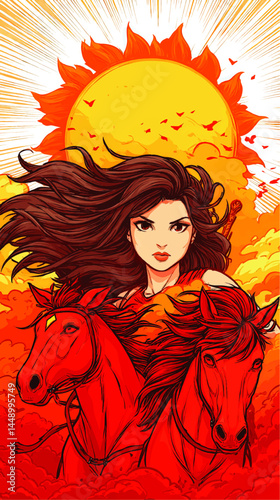 Powerful Warrior Woman with Flowing Hair Riding Red Horses Against Fiery Sun – Epic Fantasy Art Illustration