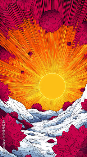 Vibrant Surreal Landscape Illustration with Glowing Sun, Pink Foliage, and Snowy Mountains in Comic Art Style