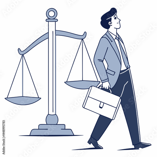 Lawyer With Briefcase Walking Past Scales Of Justice Symbolizing Legal Profession