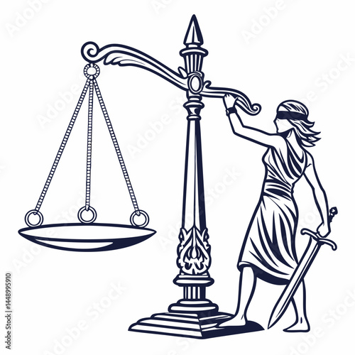 Lady Justice Themis With Sword And Balance Scale Outline Vector Illustration