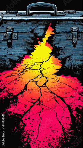 Exploding Briefcase Concept Art – Vibrant Cracks with Yellow, Orange, and Pink Explosion, Pop Art Illustration for Crisis, Danger, and Drama
