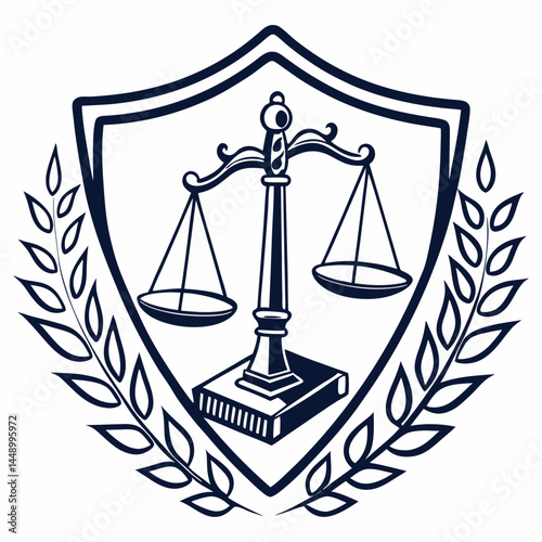 Scales Of Justice In Shield With Laurel Wreath Illustration