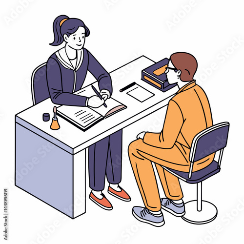 Counselor Interviewing Inmate In Prison Facility Drawing Vector Illustration Isometric