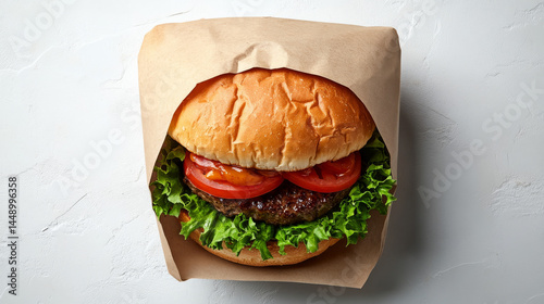 A classic burger tightly wrapped in paper, shot from above on a white background for mockup use