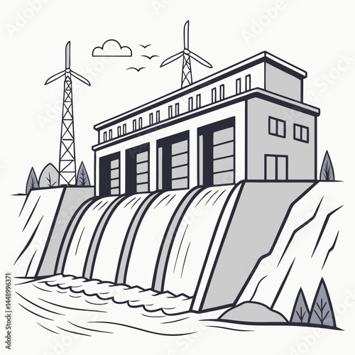 Hydroelectric Dam Illustration With Wind Turbines And Clean Energy Concept