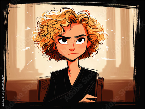 Confident Young Woman with Curly Blonde Hair Sitting Indoors – Bold Modern Cartoon Portrait with Expressive Attitude, Warm Colors