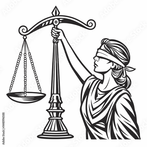 Lady Justice Holding Scales In Black And White Outline Vector
