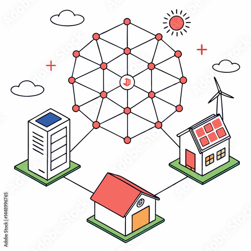 Smart Grid Illustration Connecting Homes Renewable Energy Sources With Central Network