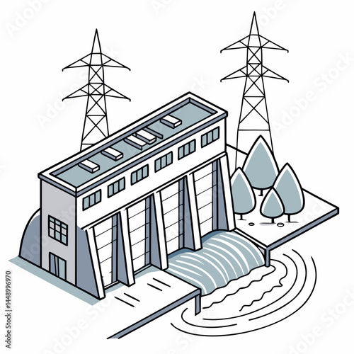 Hydroelectric Power Plant With Trees And Power Lines Isometric Vector