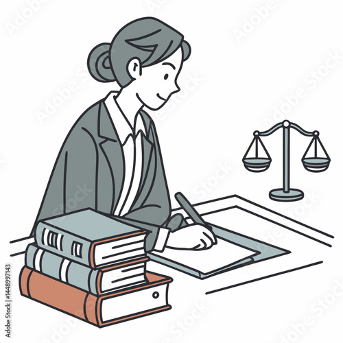 Female Lawyer At Desk With Legal Books And Justice Scales