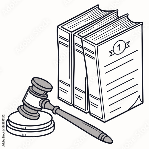 Gavel And Law Books Symbolizing Legal Authority Jurisprudence Hand Drawn Style