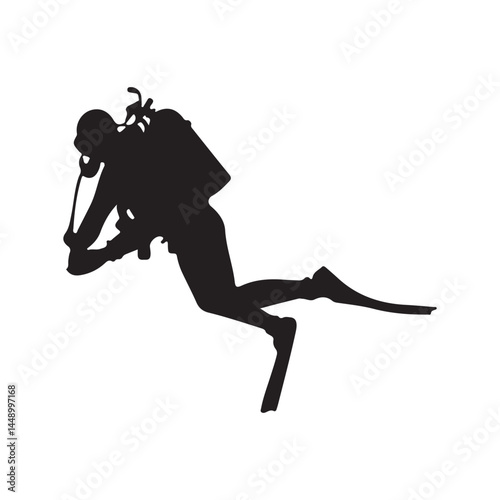 Scuba diving silhouette vector, diver in ocean, underwater adventure, snorkeling illustration, sea life